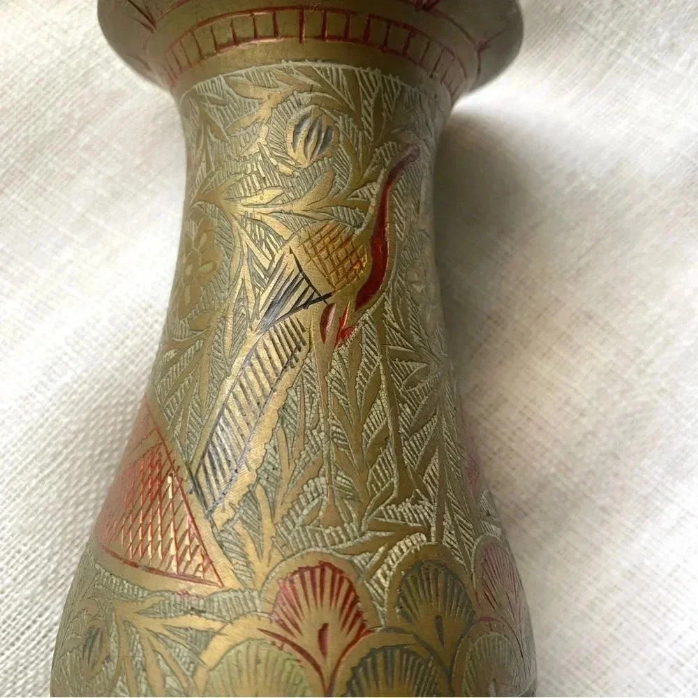 Vintage Crane and Floral Etched Brass Vase